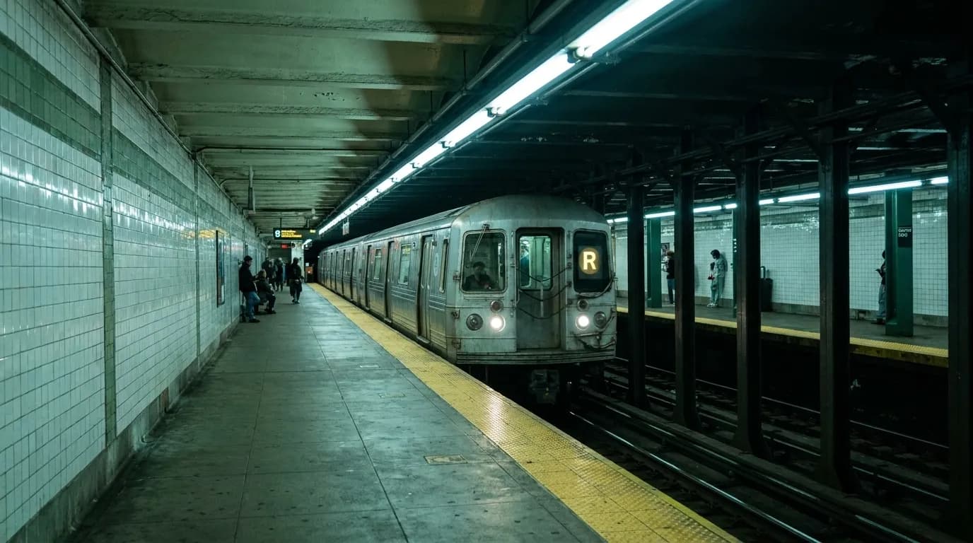 R train arriving at a New York City subway platform during evening hours