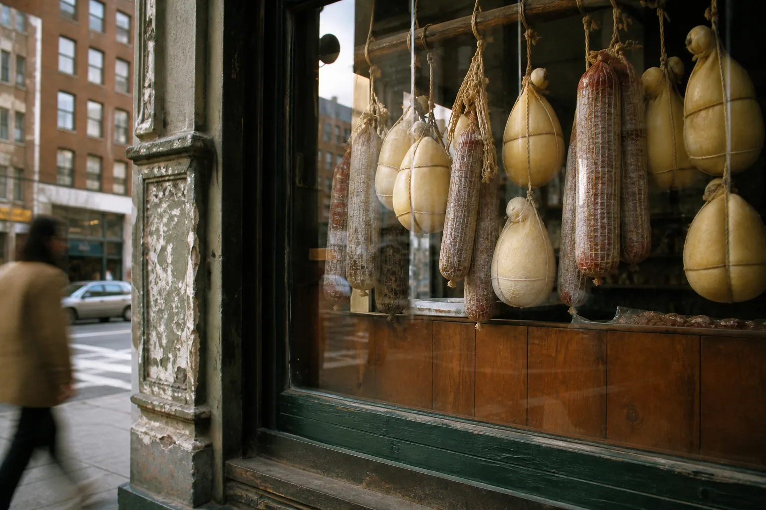 Provolone and salumi hanging in the window of an old Italian grocery on a downtown Manhattan corner, morning light on the glass