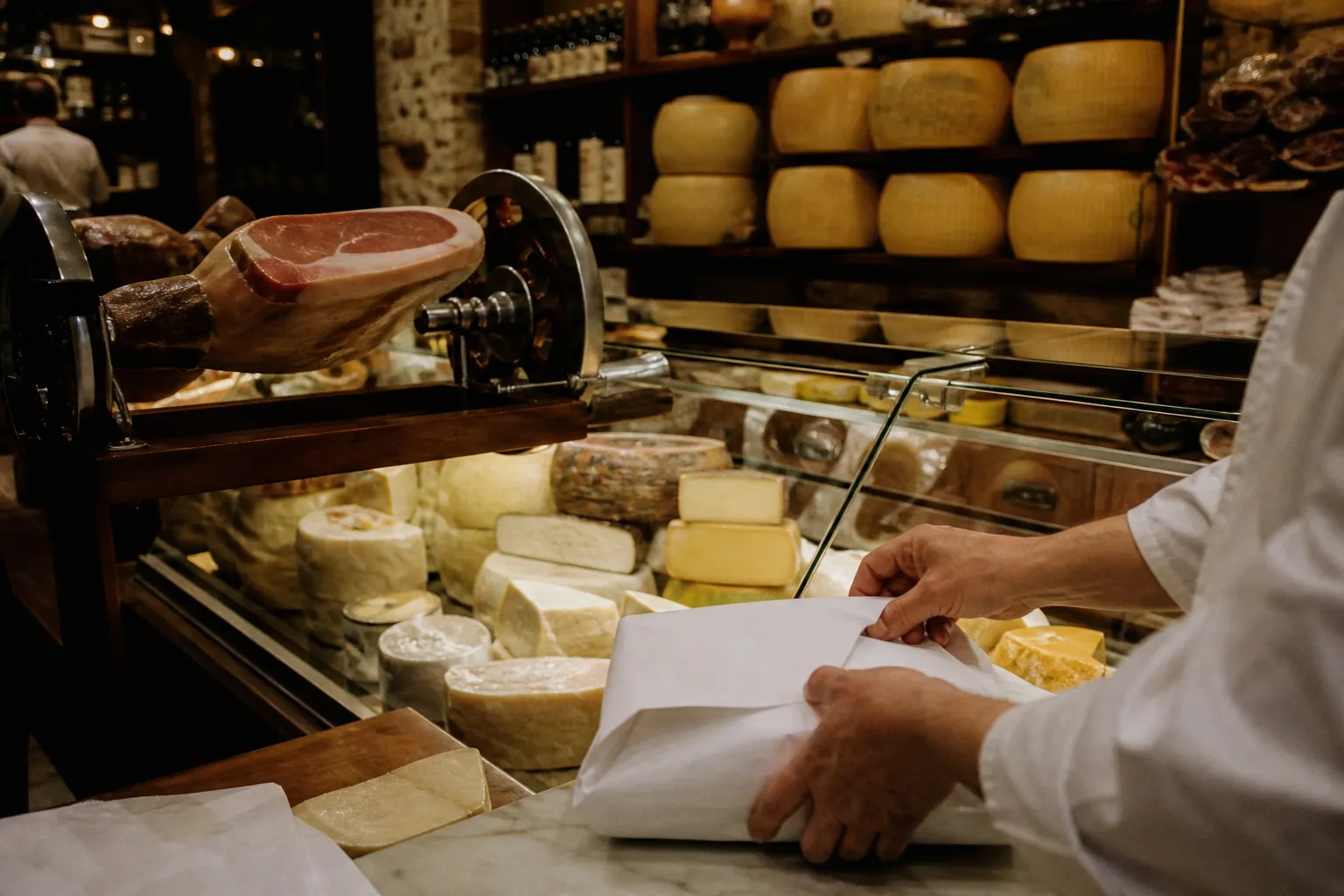A crowded Italian cheese counter with wheels of parmigiano stacked behind glass and a hand-cranked slicer holding a leg of prosciutto