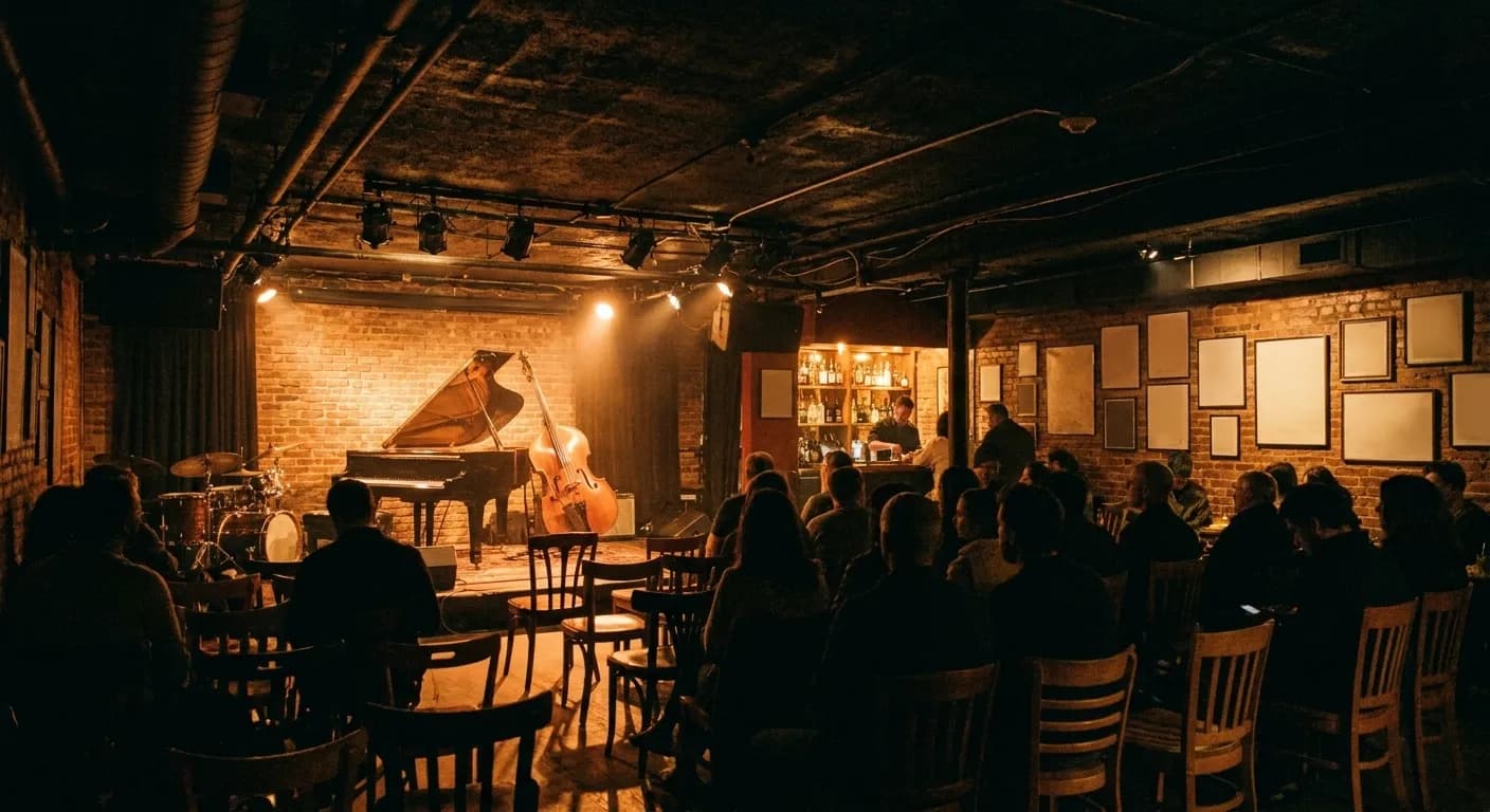 A basement jazz room in the West Village at night, a piano and upright bass under amber light against a brick wall with a packed room of silhouettes