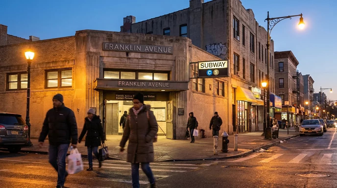 Franklin Avenue subway station entrance in Crown Heights at dusk, with pedestrians and streetlights
