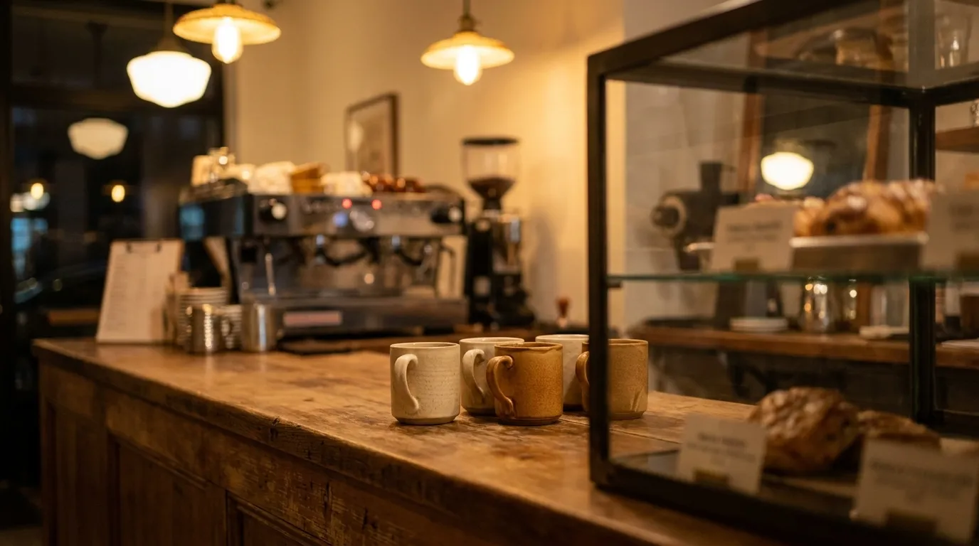 Café counter in Brooklyn with espresso machine and pastries under warm light