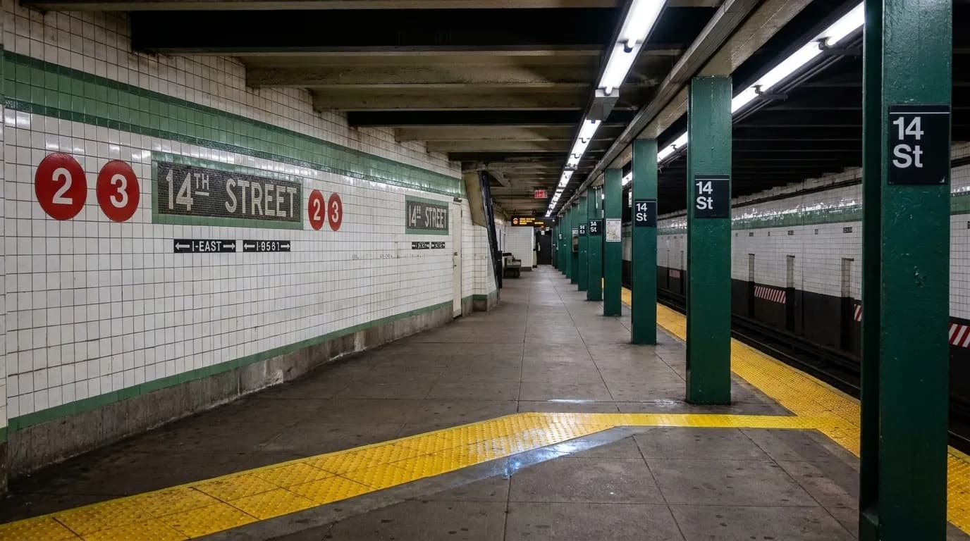 Subway platform with 2 and 3 train signs on tiled wall at night