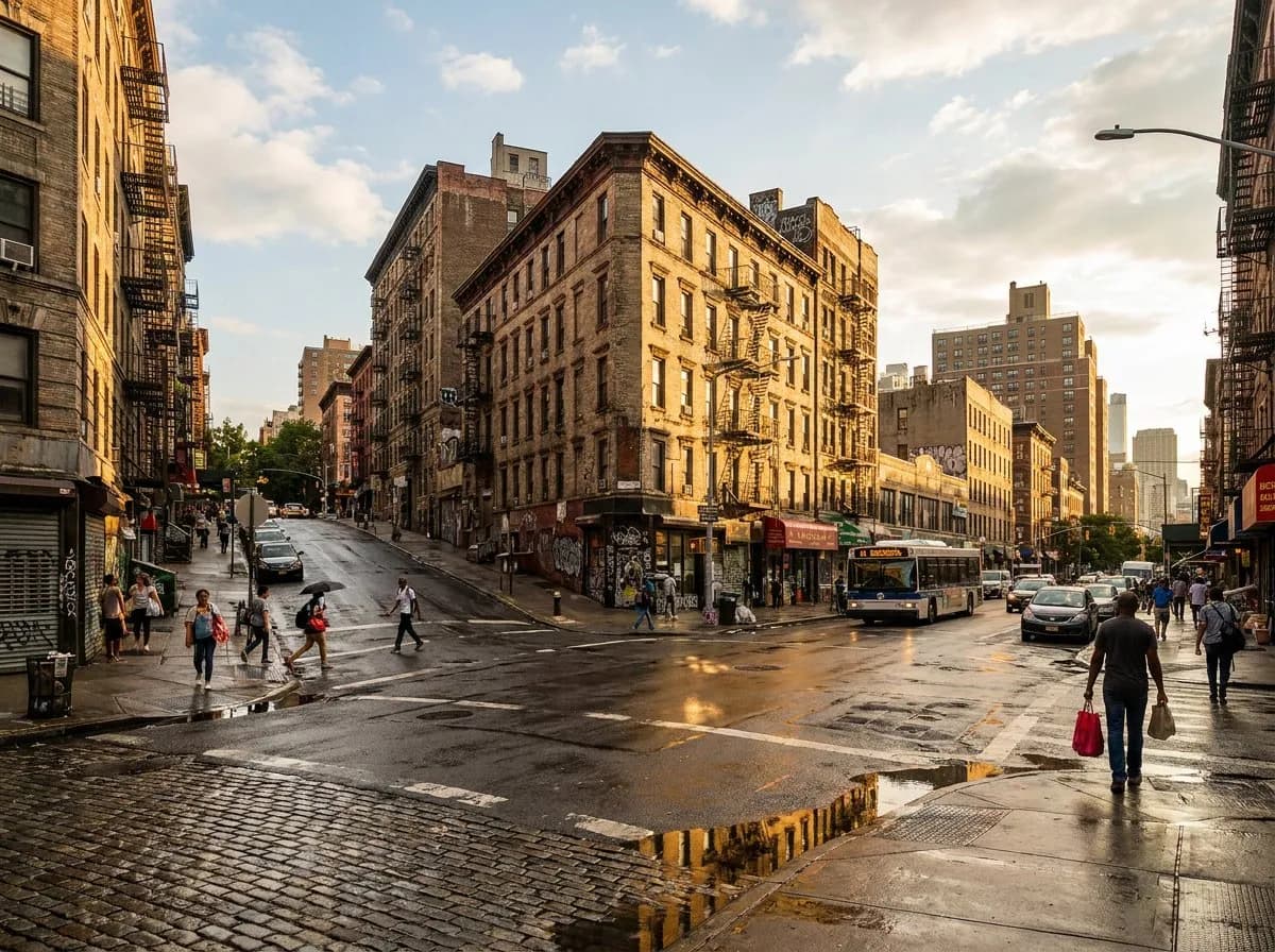 Rain-slicked streets of the Lower East Side at dusk with glowing storefront lights reflected on wet pavement