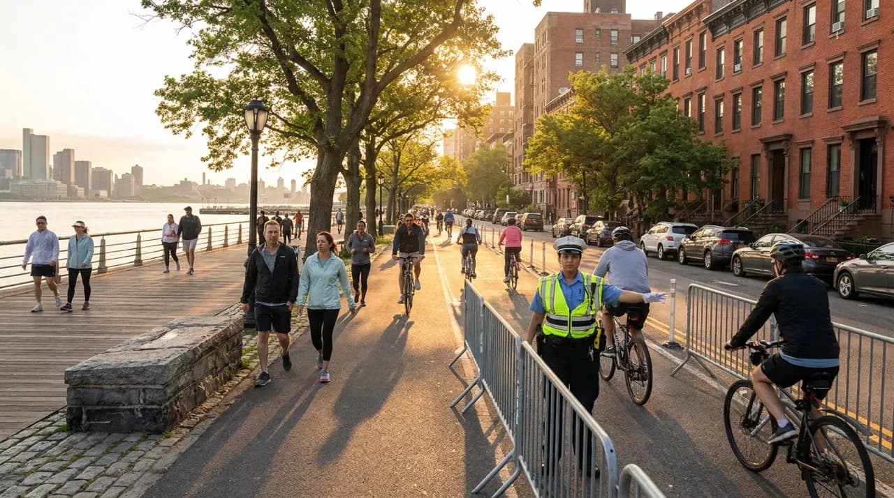 Dawn light filtering through elm trees along Riverside Park's waterfront promenade with the Hudson River in soft morning mist
