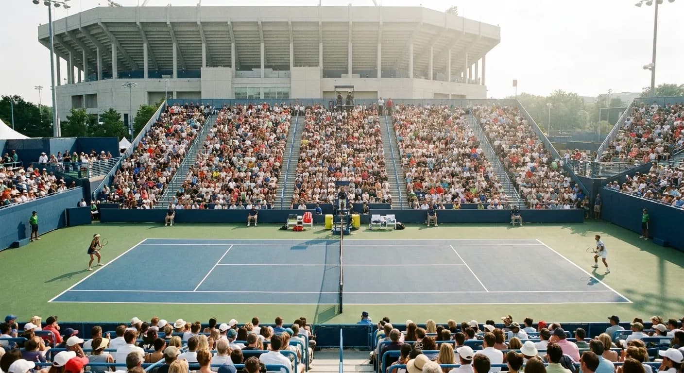 An outer hard court at a late-summer tennis tournament in Queens seen from the stands, packed far-side seating and a larger stadium behind