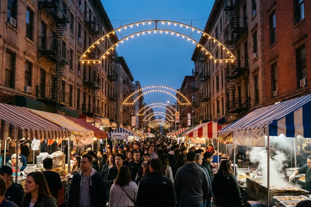 A narrow Lower Manhattan street at dusk under arches of warm bulbs, food stalls along both kerbs and a dense crowd filling the roadway