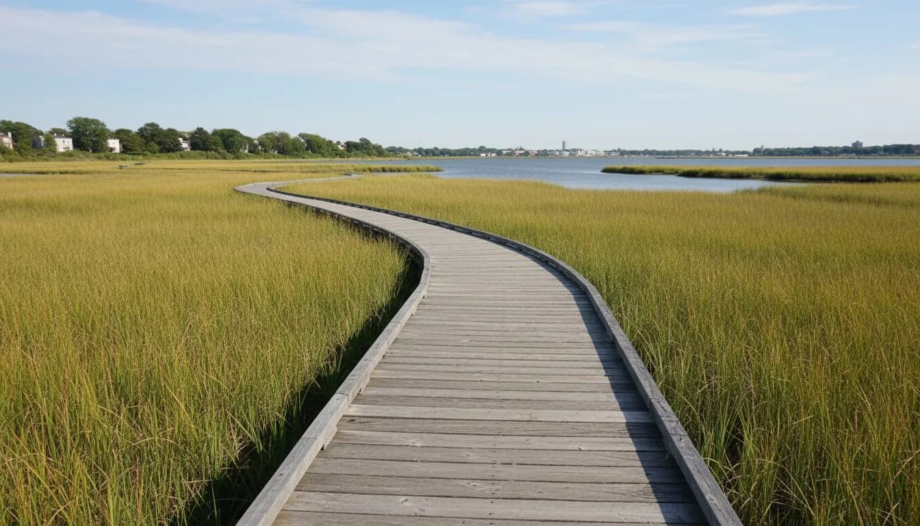 Realistic editorial view of Marine Park Salt Marsh Nature Trail in New York City