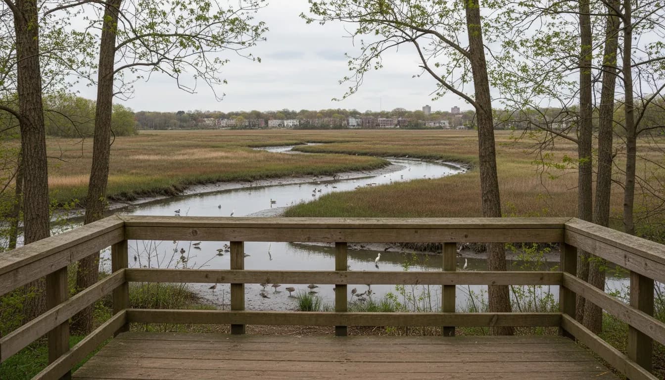 Realistic editorial view of Marine Park Salt Marsh Nature Trail in New York City