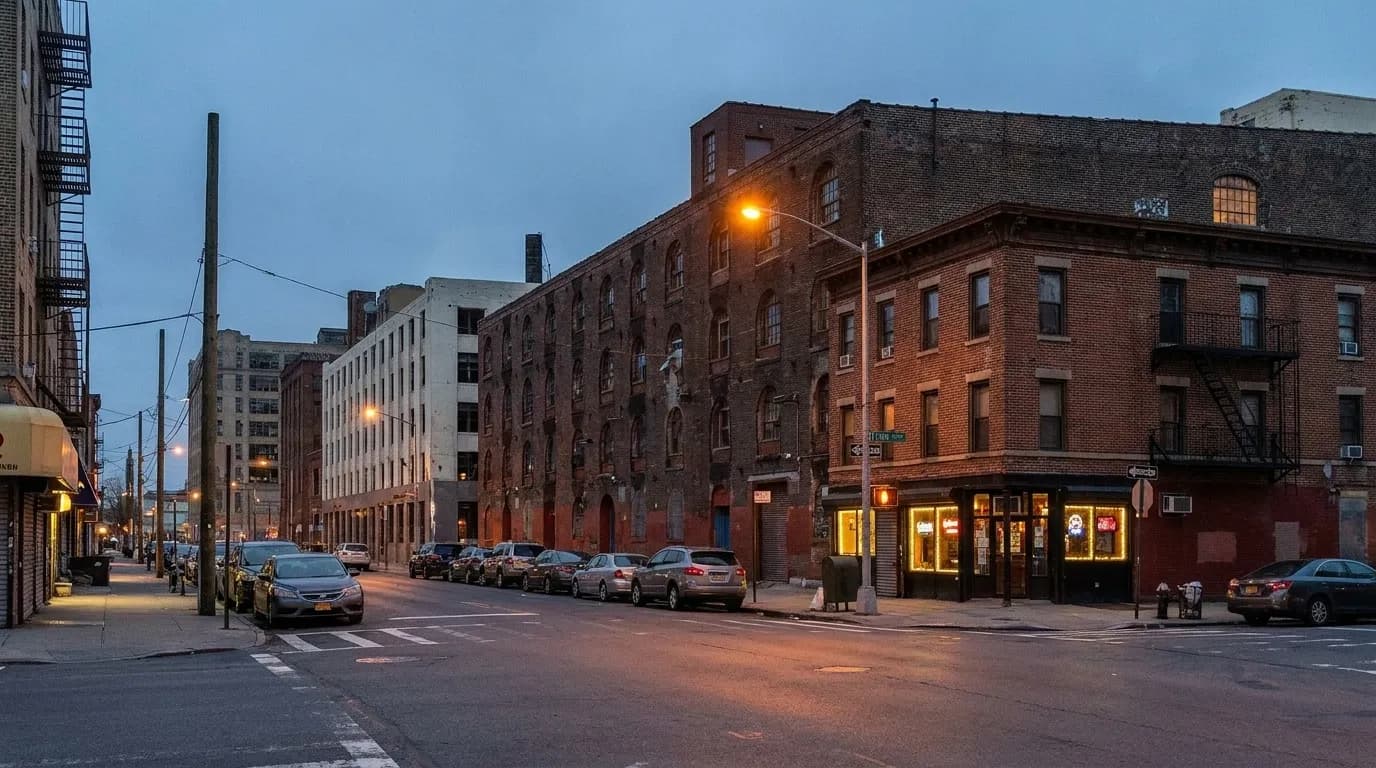 Third Avenue in Sunset Park, Brooklyn, at dusk with streetlights and storefronts glowing