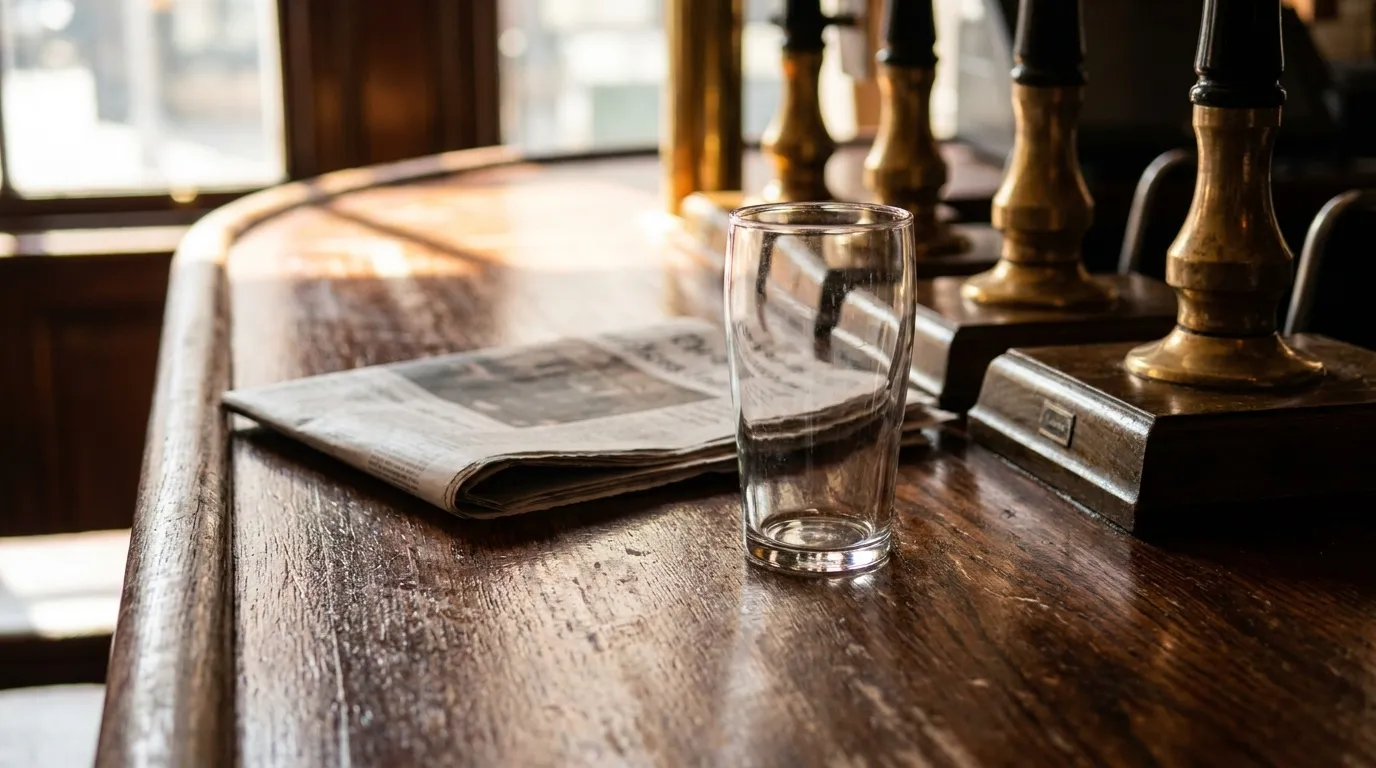 Close-up of a wooden bar top with brass taps and natural afternoon light
