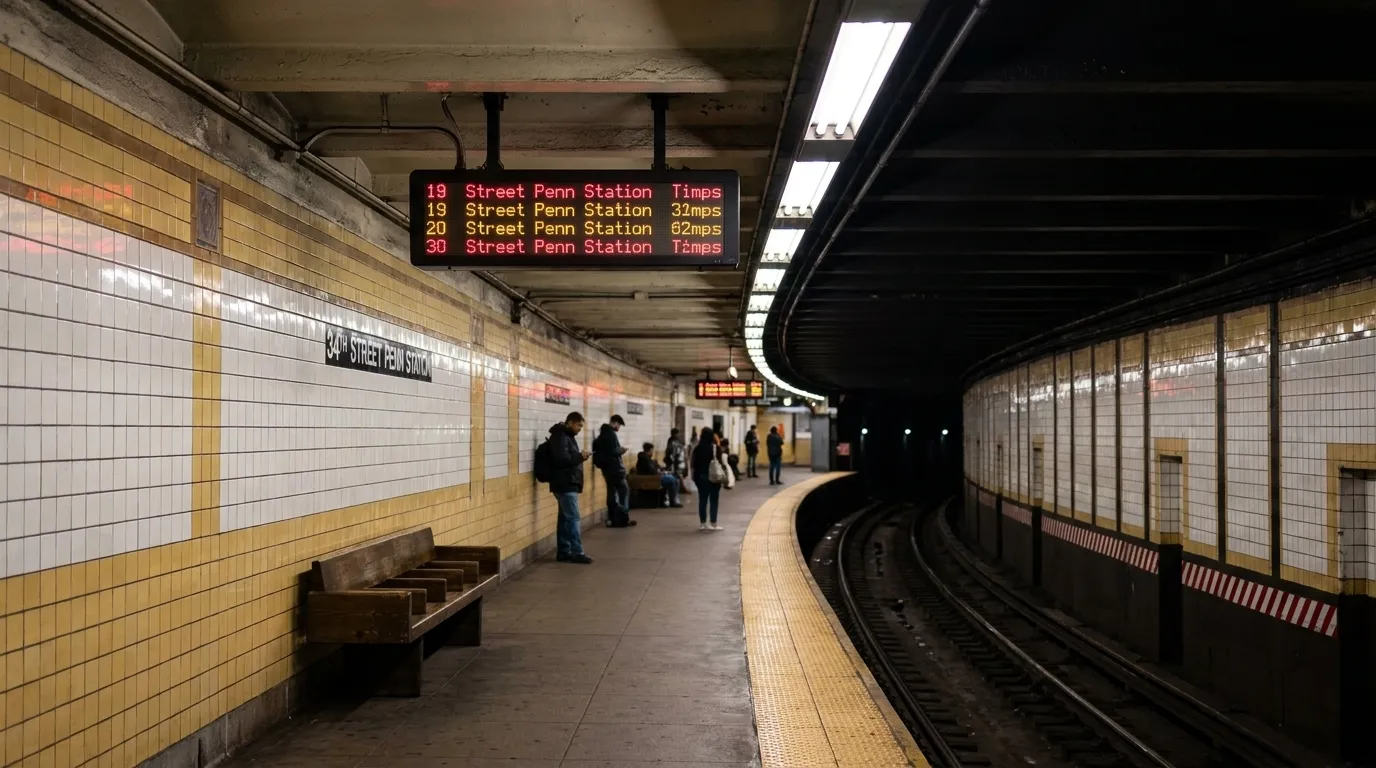 34th Street Penn Station subway platform at night with arrival board and empty tracks
