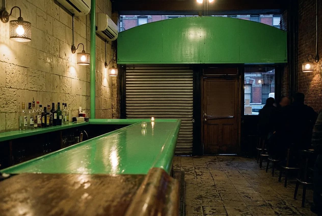 A dimly lit multi-level bar interior with a painted jadeite counter and limestone walls on a Lower East Side street