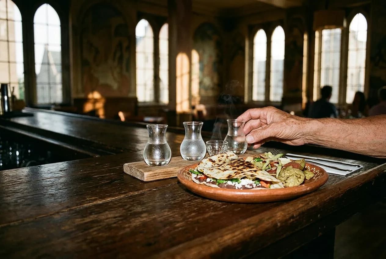 Close-up of small Oaxacan plates and a mezcal flight on a dark wooden bar counter