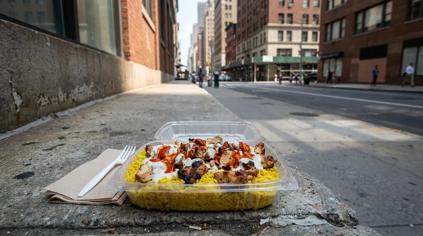 Halal chicken and rice platter in a to-go container on a Midtown Manhattan sidewalk ledge