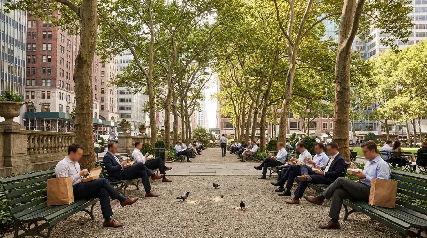 Shaded benches on the north side of Bryant Park during weekday lunch hour