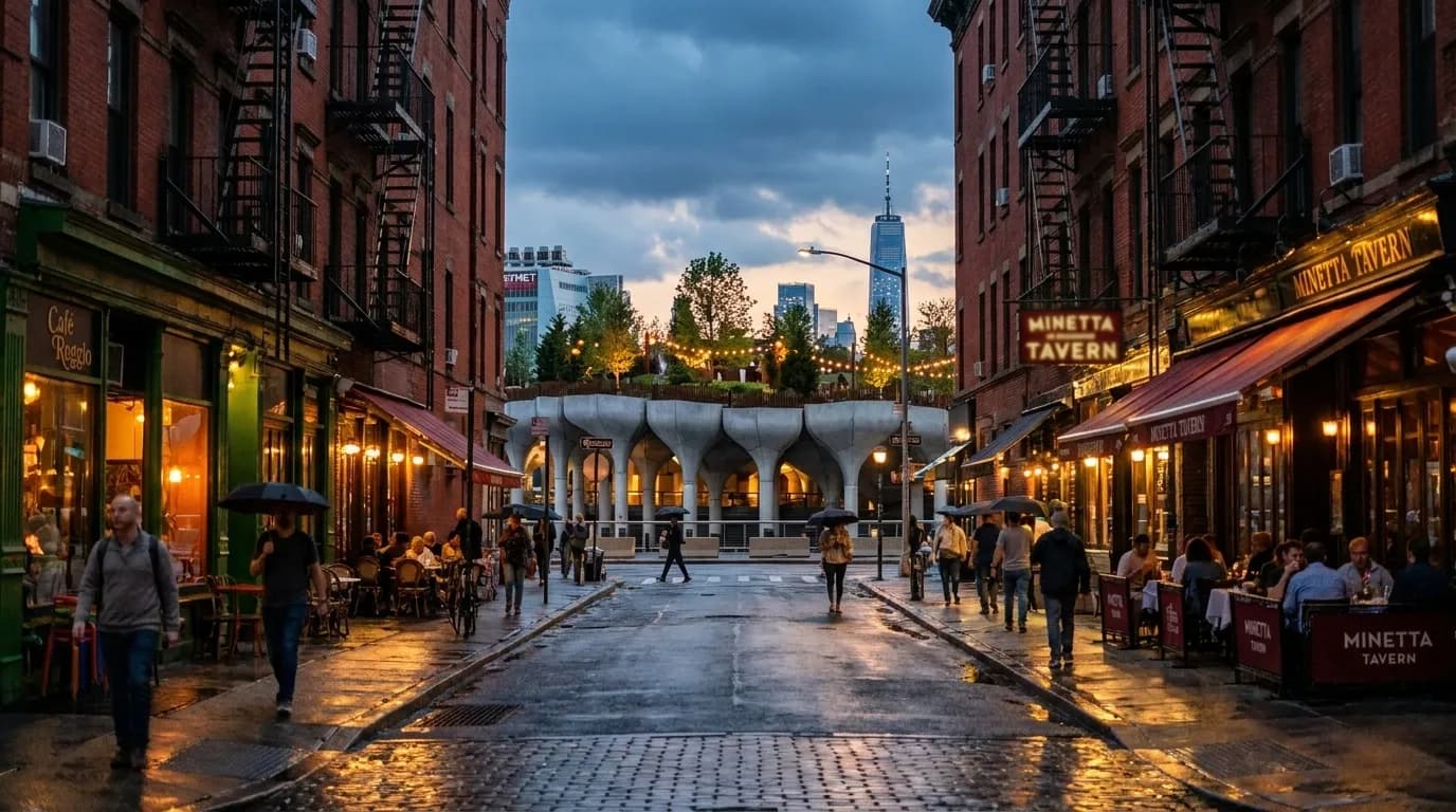 MacDougal Street in Greenwich Village at dusk with restaurant light on wet pavement