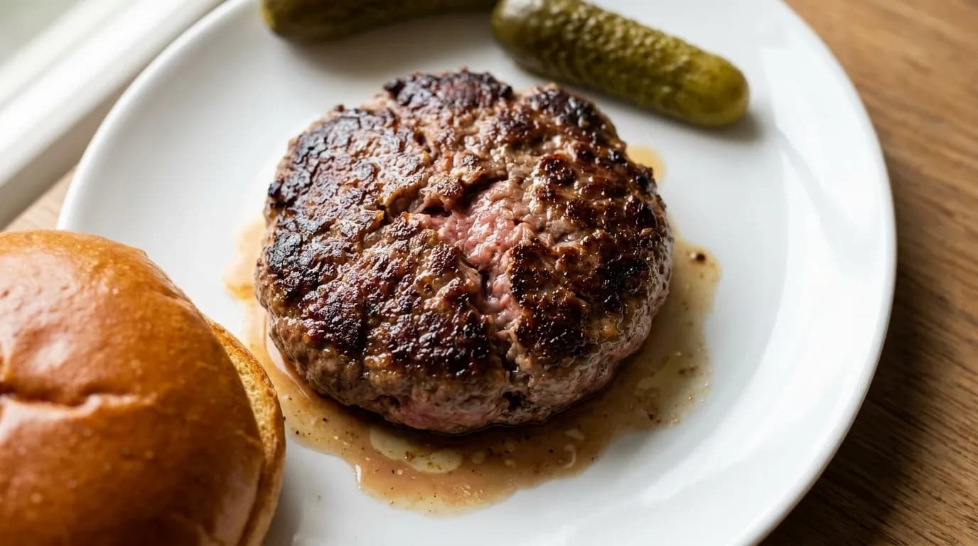 Close-up of a dry-aged burger patty with caramelized crust on a white plate