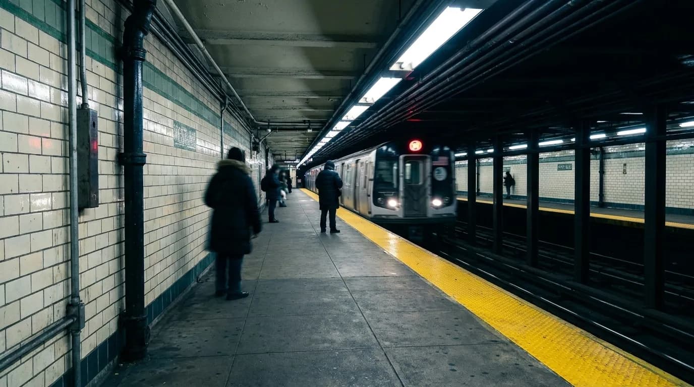 West 4th Street subway platform at night with downtown train approaching