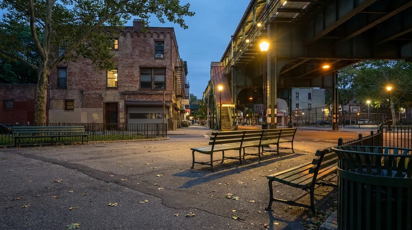 Empty benches in Seward Park at dusk with basketball courts and streetlamps in the background
