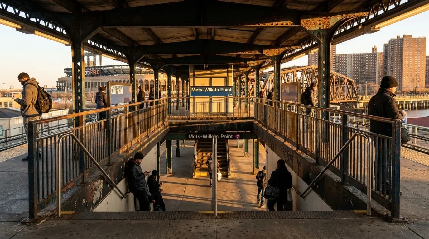 Elevated subway platform at Mets-Willets Point station with stairwell descending toward Citi Field in late afternoon light