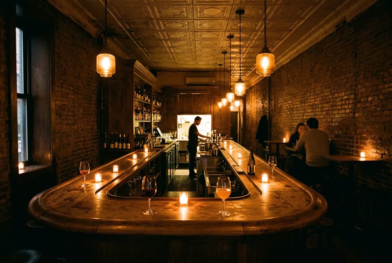 Dimly lit wraparound bar inside a narrow Lower East Side wine bar with glasses catching low candlelight