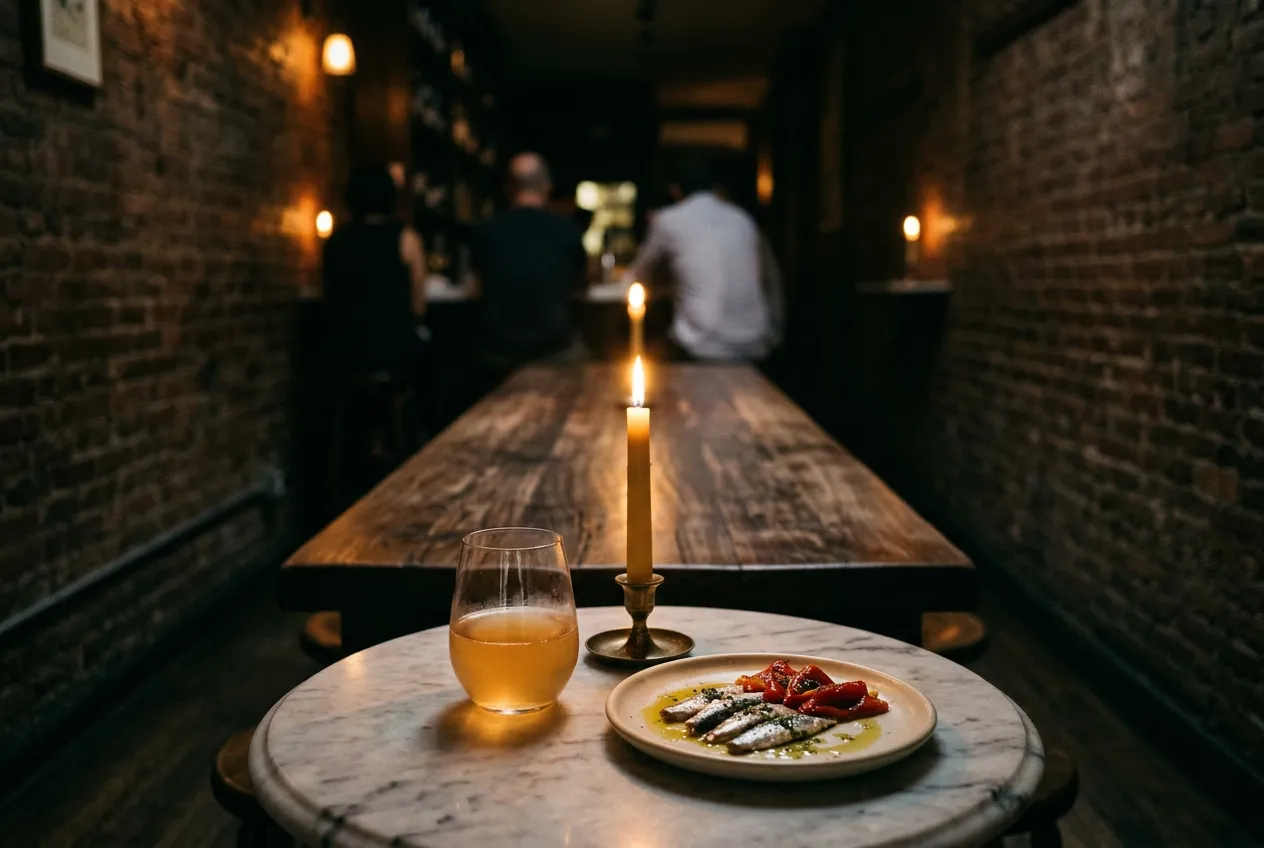 Close-up of a wine glass, lit candle, and small tapas plate on a marble table inside a dim wine bar