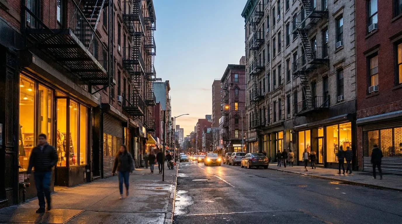 Grand Street in Manhattan's Lower East Side at dusk with glowing storefronts and pedestrians