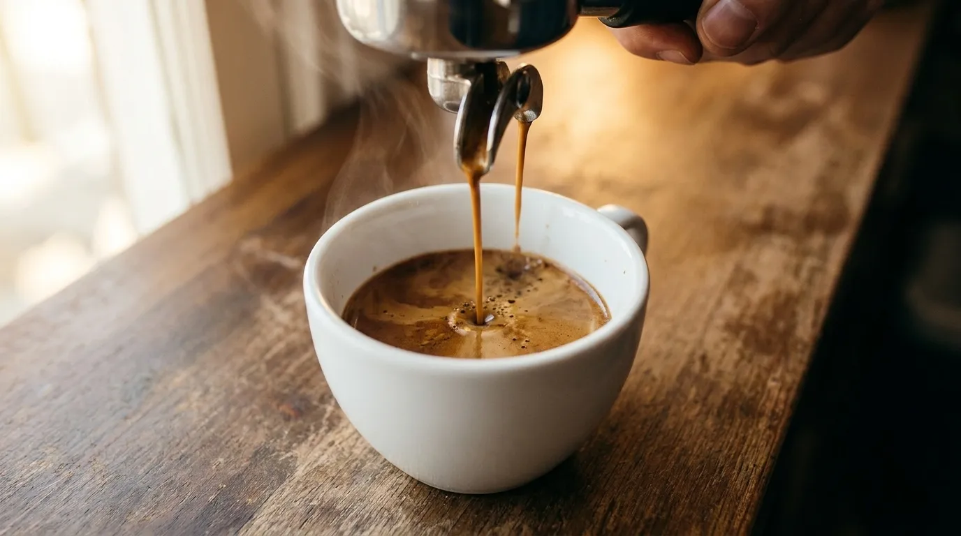Espresso pouring into a white cup on a wooden coffee bar counter