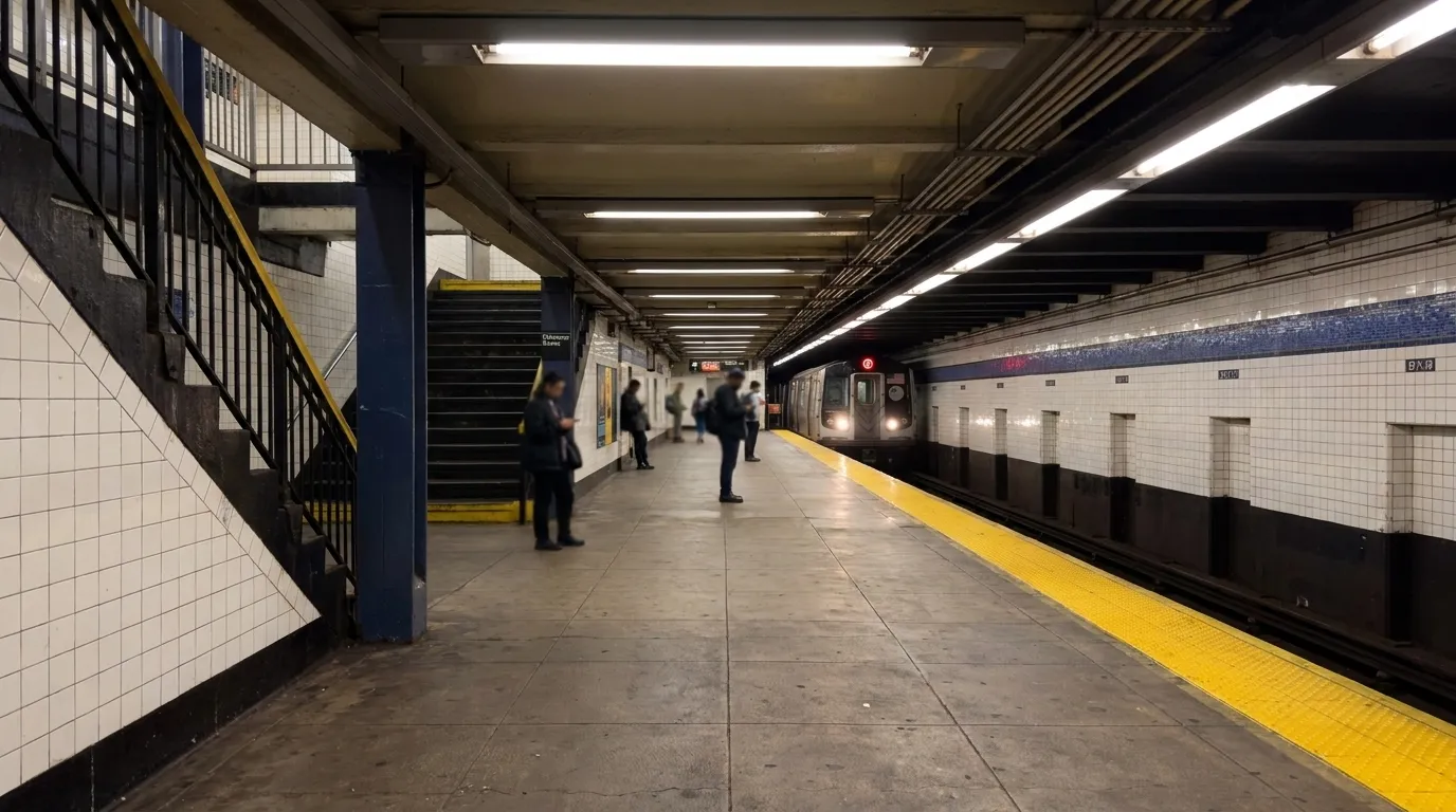 Delancey-Essex Street subway platform with F train approaching in the distance
