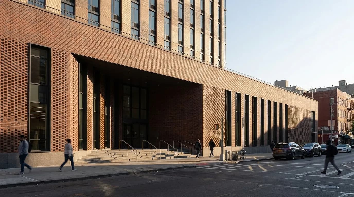 Seward Park Library exterior on East Broadway in Manhattan's Lower East Side