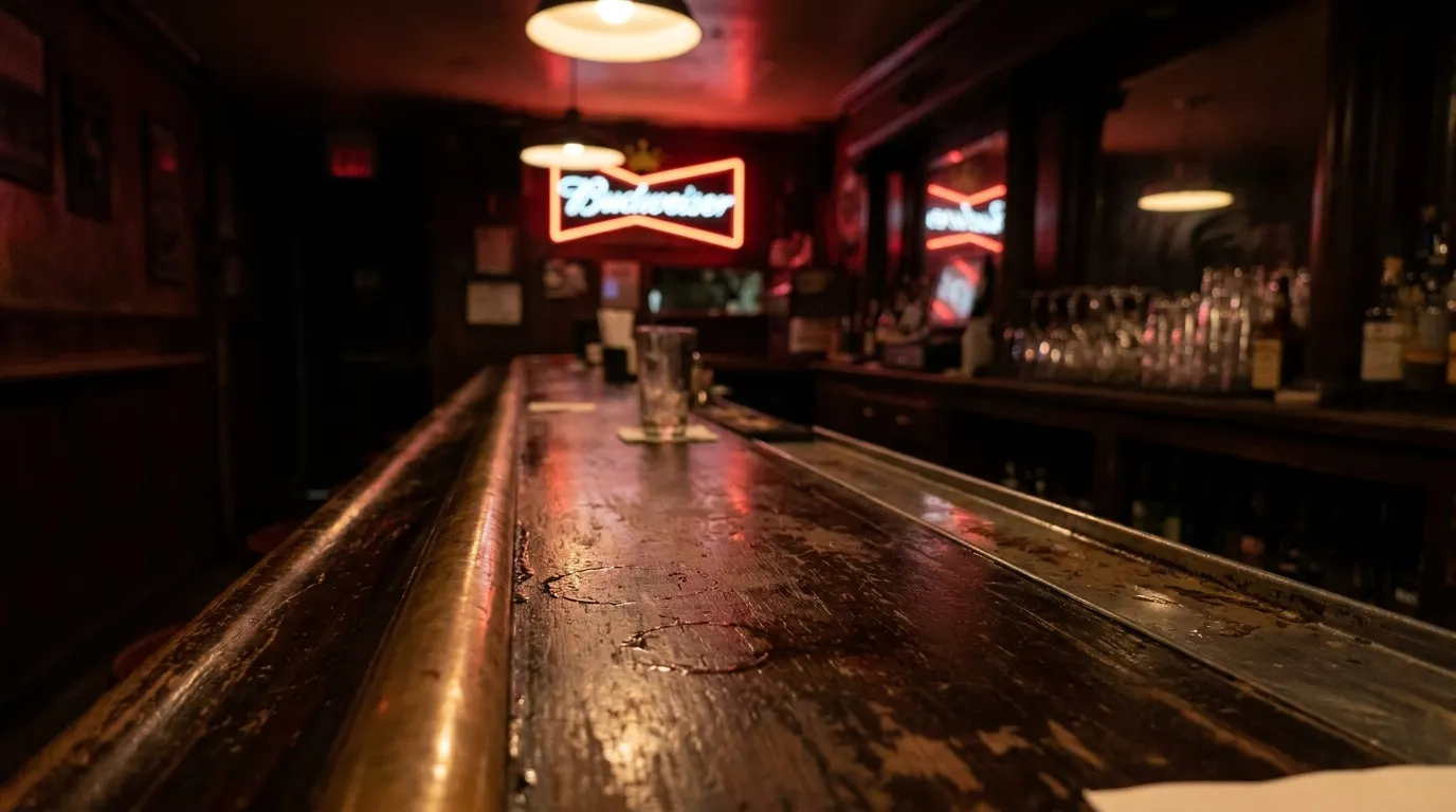 Interior bar counter detail in a narrow Lower East Side tavern with neon lighting