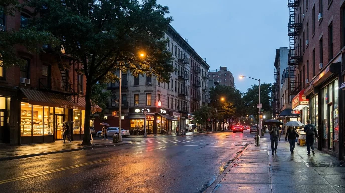 Grand Street in Manhattan's Lower East Side at night, with lit storefronts and pedestrians on the sidewalk