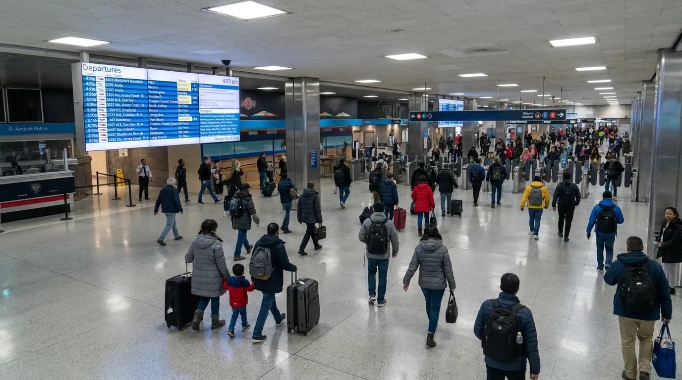 Penn Station main concourse with departure board and travelers with luggage heading to train platforms