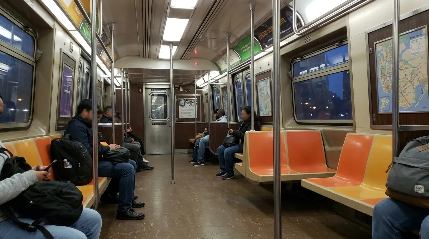 Interior of A train subway car with orange seats and passengers with luggage