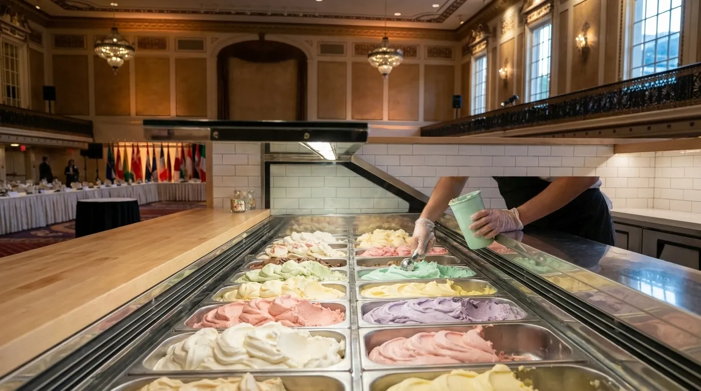 Interior view of an ice cream shop counter with glass case displaying multiple flavors in metal pans under warm lighting