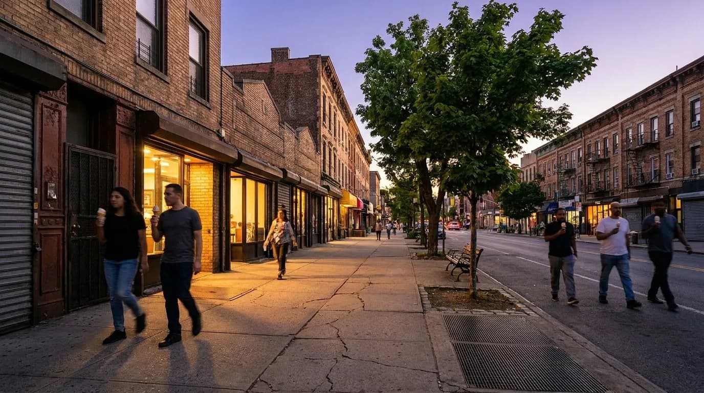 Evening street scene on a Brooklyn avenue with pedestrians, storefronts, and tree-lined sidewalk at dusk