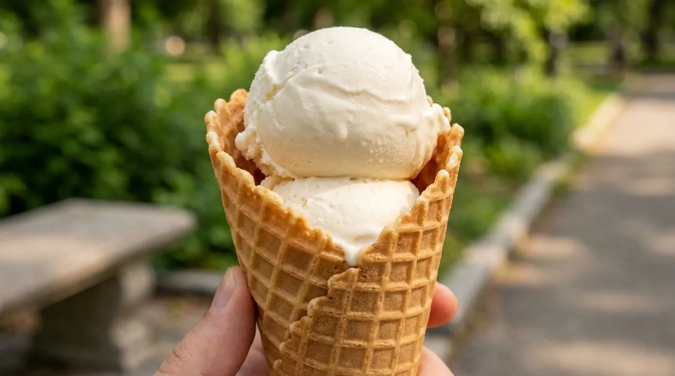 Close-up of a hand holding a waffle ice cream cone with two scoops, park greenery softly blurred in background