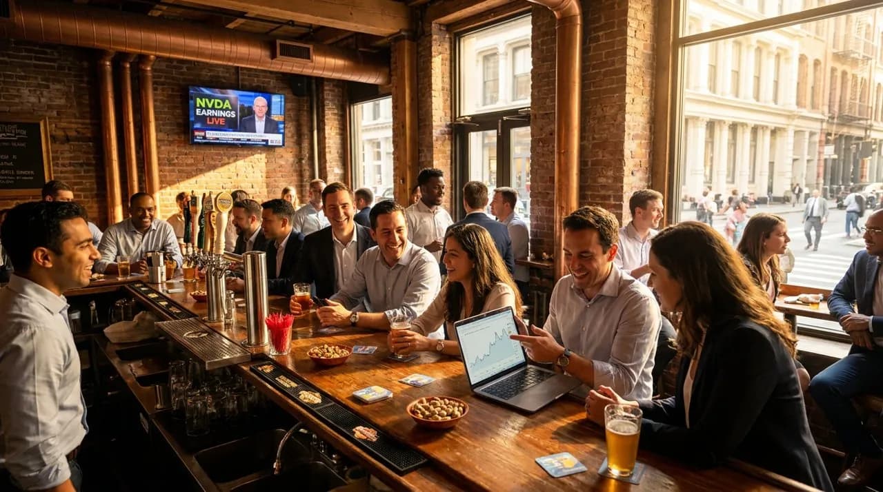 Dim bar interior with polished wood surfaces and ambient screens displaying financial data, capturing the intersection of Wall Street tradition and modern tech trading culture