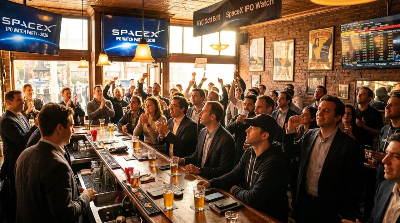 Interior of an upscale Midtown Manhattan bar with multiple screens displaying stock tickers and space imagery