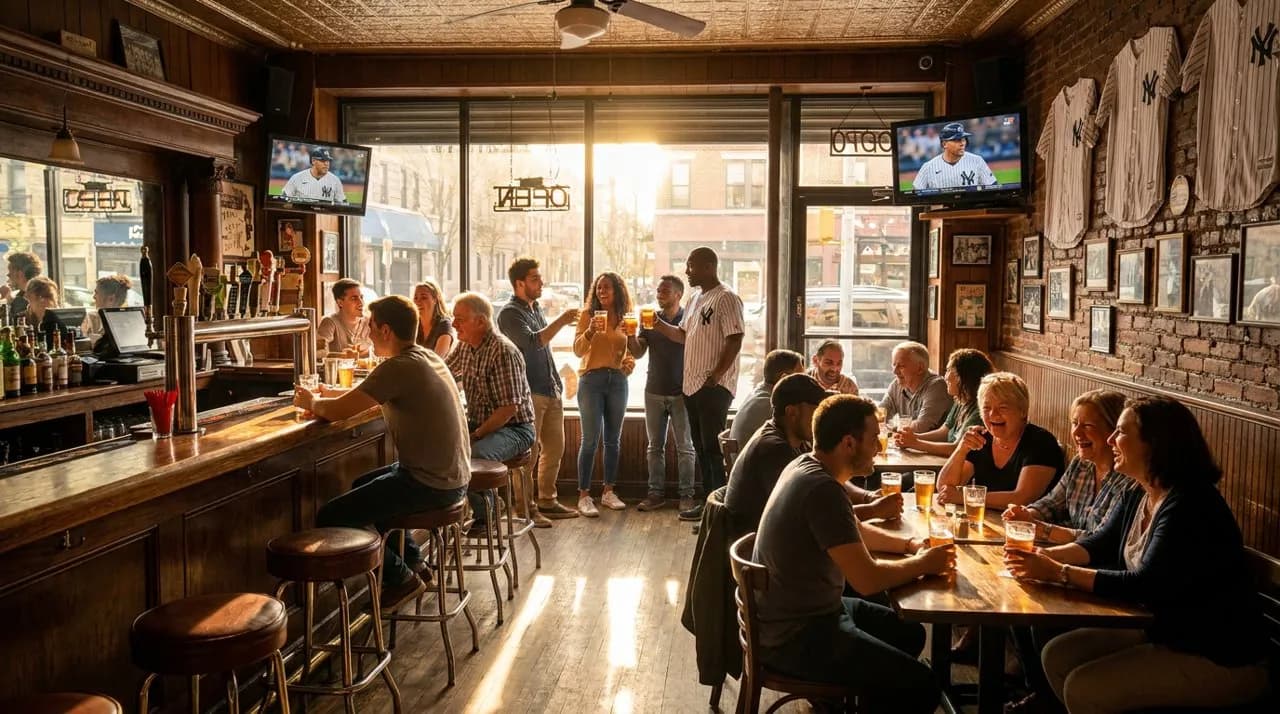 Classic New York City bar exterior with Yankees memorabilia in the windows near Yankee Stadium in the Bronx
