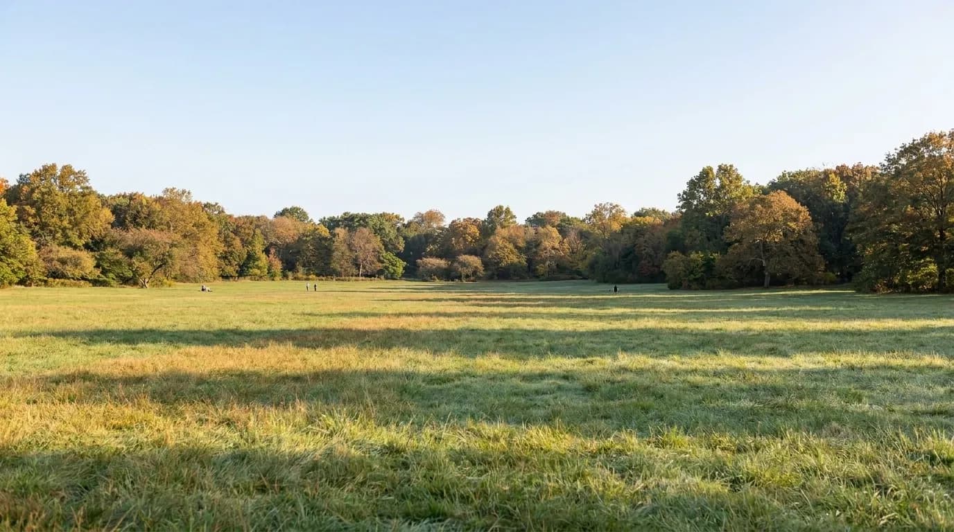 Wide view of the Long Meadow in Prospect Park, Brooklyn, with open grass and distant tree line under morning light.