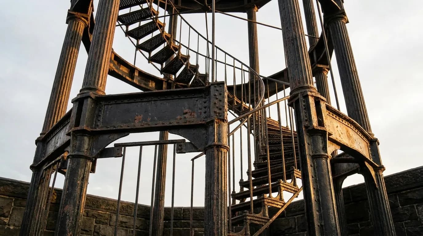 Close view of the historic cast-iron fire watchtower at Marcus Garvey Park in Harlem, showing detailed metalwork and structure.