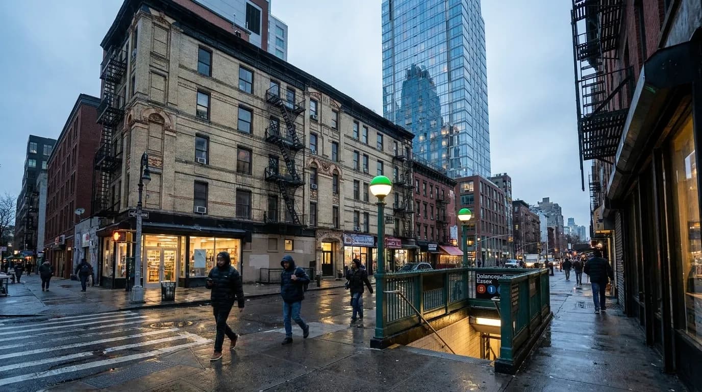 Delancey-Essex subway entrance at dusk with wet pavement and pedestrians in fall jackets