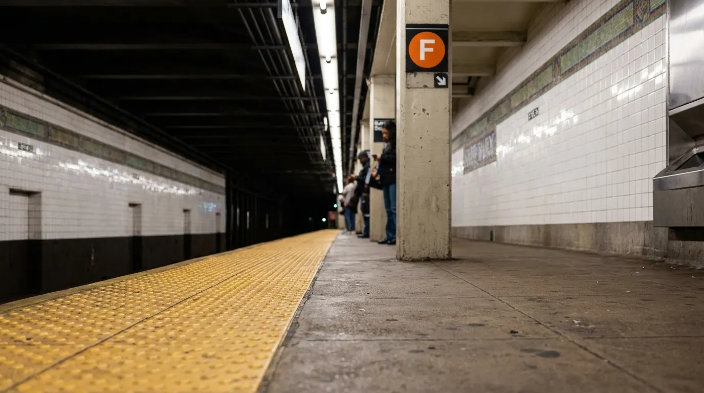 MTA subway platform with F train sign and waiting passengers in evening light