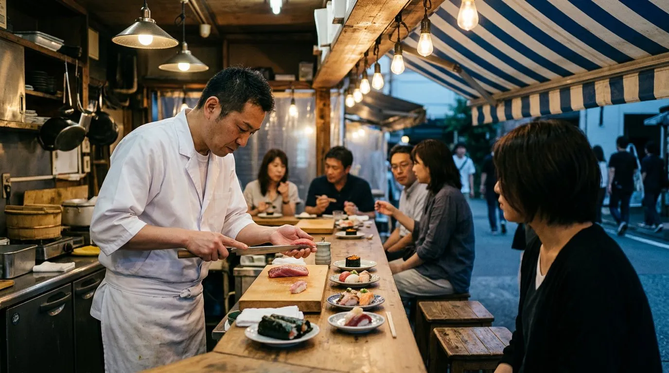 Chef preparing nigiri at a small open-air sushi counter with diners seated on stools