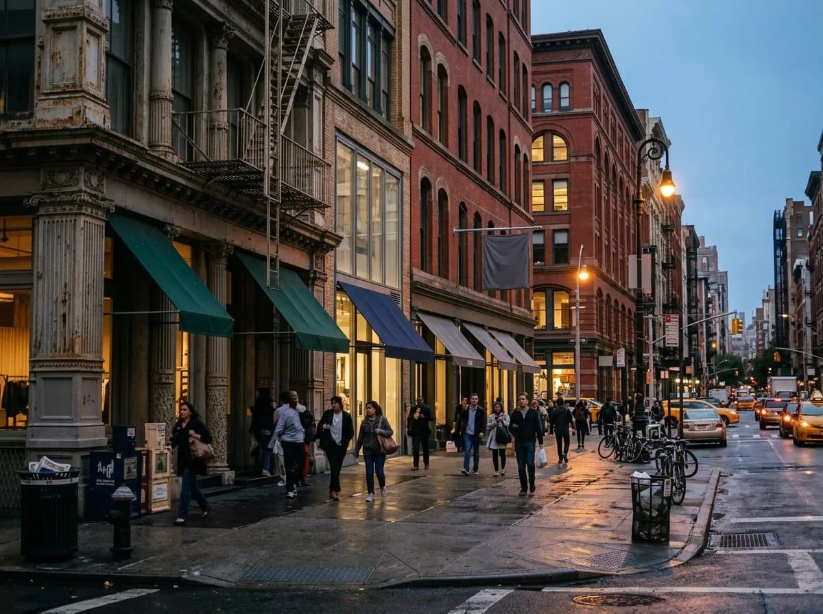Bowery street corner in NoHo with cast-iron buildings and evening pedestrian traffic