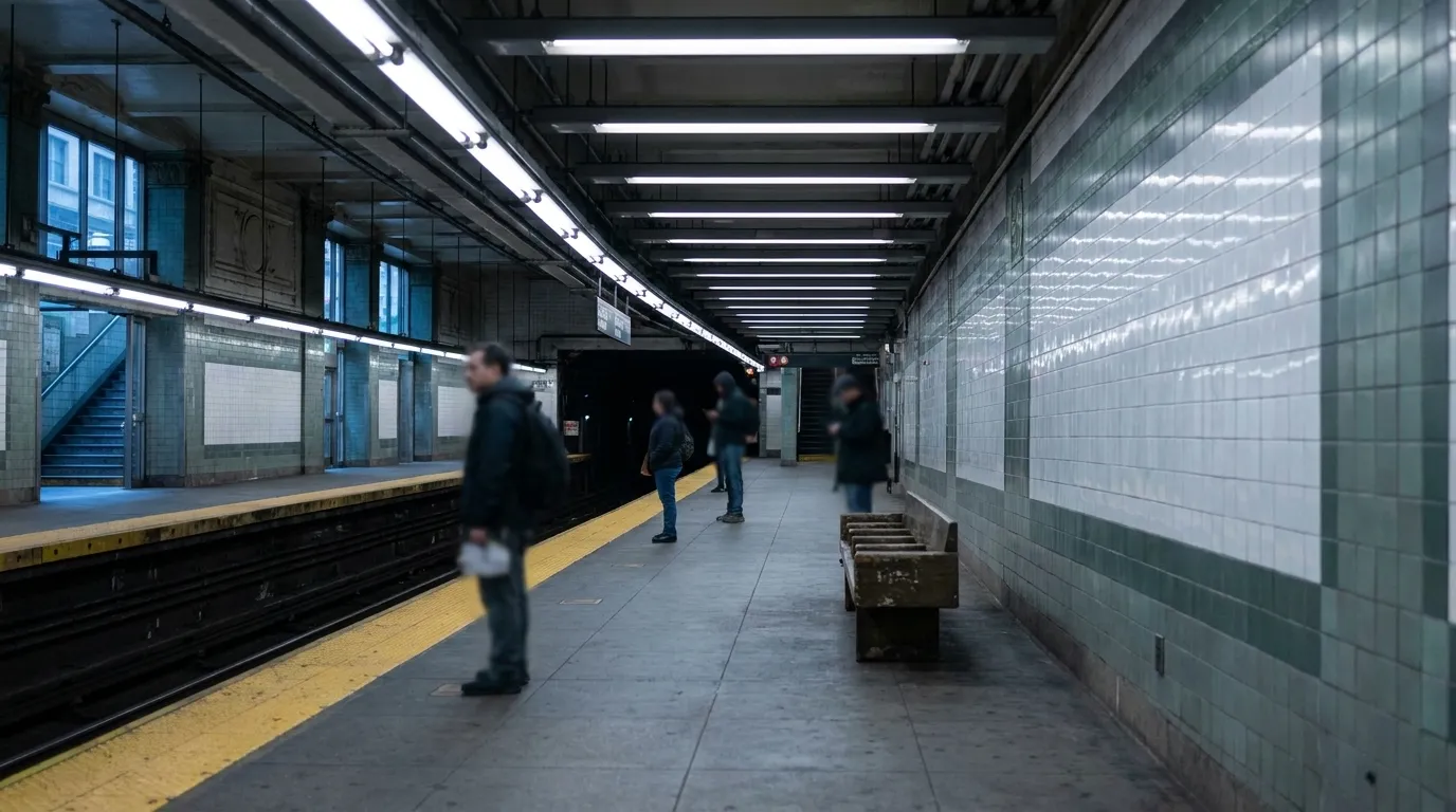 Union Square subway platform in evening light with waiting passengers and tiled walls