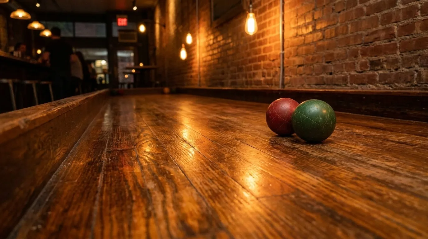 Indoor bocce court with wooden lane and warm lighting in Brooklyn venue