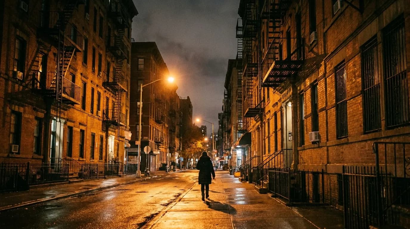 Allen Street in the Lower East Side at night with fire escapes and streetlights